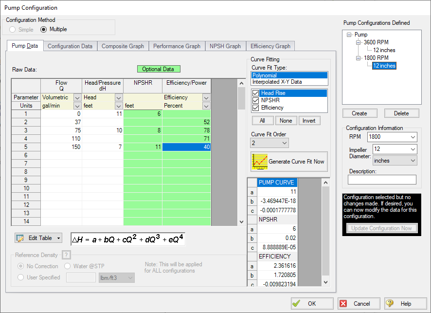 Editing a configuration in the Pump Configuration window.